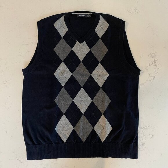 Nautica Vtg Grandpa Diamond Print 100% Cotton Knit V Neck Vest Navy Grey Sz L - Picture 1 of 10